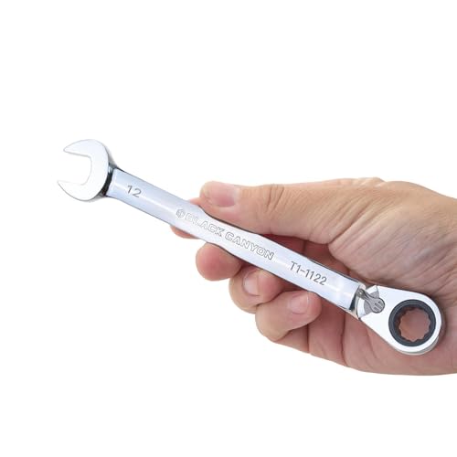 Image of BLACK CANYON 12 mm Ratchet Combination Wrench, 12-Point Box End & Hex Opening, Polished Steel Ratcheting Wrench with SAE & Metric Sizes