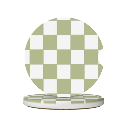 Image of Green White Checkered Buffalo Plaid Car Coasters for Cup Holder - Absorbent Ceramic 2 Pack With Anti-Slip Cork Base and Finger Notch - Interior Accessories for Women Men 2.56 inch