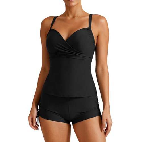 TcIFE Conjuntos de Tankini para Mujer Bañador Que disimula el Vientre Push Up de Cintura Alta, Copas Cruzadas con Giro, Espalda Plisada con cordón Bikini