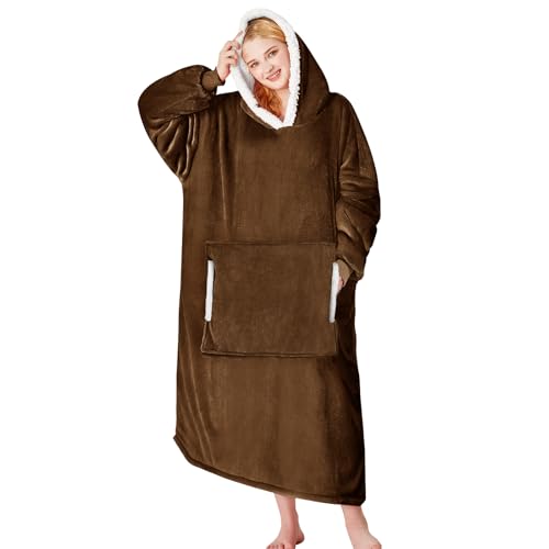 yescool Sherpa Flannel Wearable Blanket Hoodie — Brown