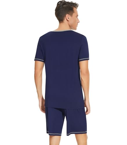 Image of NACHILA Pajamas for Men Pj Short Sleeve Sleepwear with Shorts V Neck Loungewear Cool Pajama,Viscose Made from Bamboo