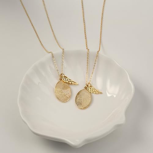 Fingerprint Necklace With Angel Wing Charm, Fingerprint Jewelry, Jewelry Gifts for Mom, Sympathy Gift, In Memory Of Mom Necklace, 925 Sterling Silver, 18K Gold Plated2
