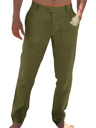Image of Runcati Mens Casual Pants Elastic Waist Linen Dress Lightweight Straight-Legs Loose Fit Summer Beach Yoga Trousers