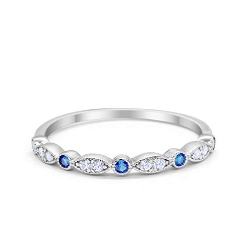 2mm Half Eternity Wedding Band Art Deco Design Round Simulated Blue Topaz CZ
