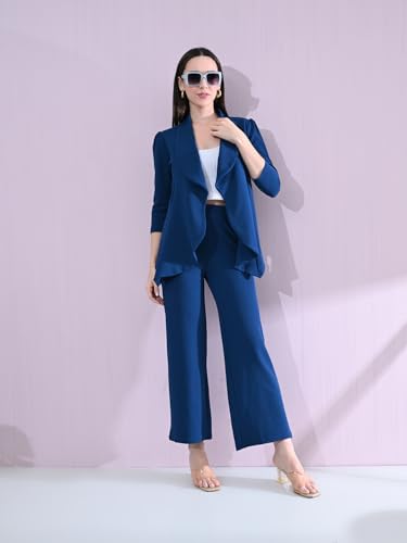 Image of Women's Solid Relaxed Fit 3 /4 Sleeve Cotton Blend Co-ord Blazer and Trouser Set