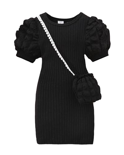 Girls Ruffle Sleeve Knit Fashion Bodycorn Mini Knee Length Dress with Cute Bag for Special Casual and Party Wear