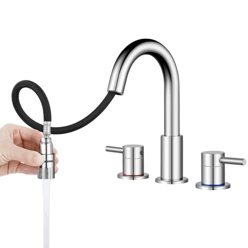 FGKQ Chrome Bathroom Faucet 3 Hole with Pull Down Sprayer