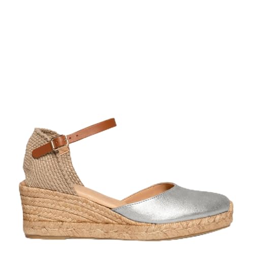 Espadrilles à Talon compensé en Cuir Argenté, EU 39
