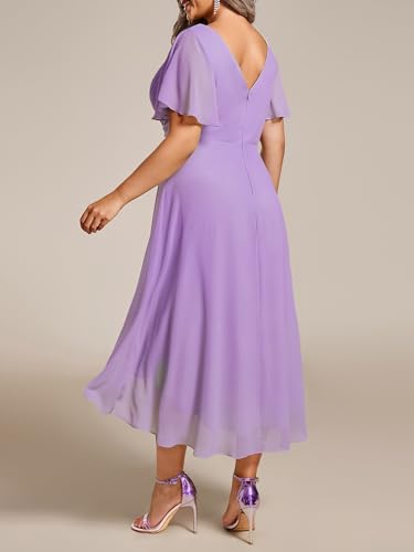 Image of Ever-Pretty Plus Summer Short Sleeves V-Neck Formal Wedding Guest Dresses for Curvy Women Chiffon Midi Cocktail Party Dress
