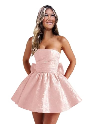 Strapless Satin Homecoming Dresses for Teens 2025 Short A-Line Cocktail Party Dress with Bow