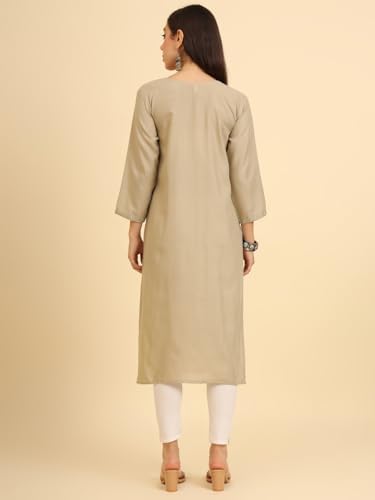 Image of Women's Chikankari-Lucknowi Embroidered Work | 3 /4 Sleeve | Knee Length | Round Neck | Cotton Fabric | Straight Kurta