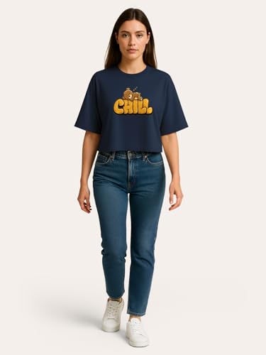 Image of HELLCAT Beige Printed Loose Fit Crew-Neck Crop T-Shirt for Women
