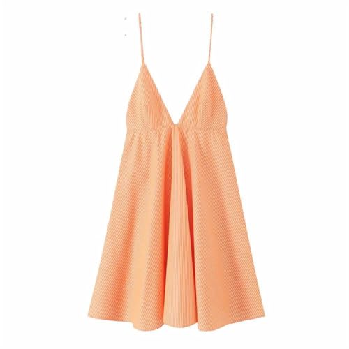 Women Summer Orange Striped Backless Zipper Mini Dress Thin Straps Dresses2