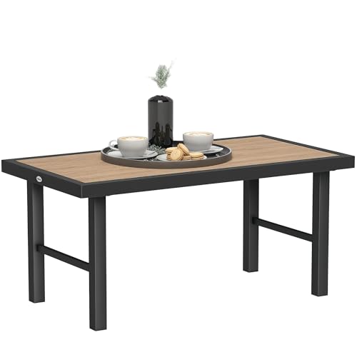 Outsunny Metal Garden Coffee Table, Outdoor Side Table with SPC Woodgrain Tabletop for Outside, Garden, Balcony, Porch, 100 x 53 x 46cm, Brown