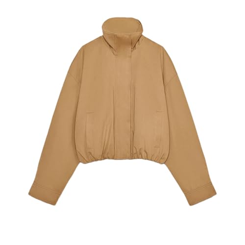 Women 'S Vintage Stand Collar Zipper Pockets Full Sleeve Short Jacket