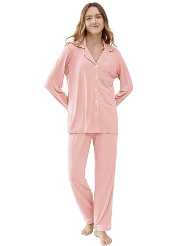 Image of Cherrydew Women's Bamboo Viscose Cooling Long Sleeve Button Up Pajama Set | Buttery-Soft Feel,Naturally Cool Comfort,Breathable Fabric,Lightweight & Flowy Feel
