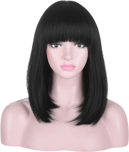 PORSMEER Long Hair Black Wig with Fringe for Women Black Cleopatra Wig Egyptian Queen Wig Natural Straight Bob Synthetic Hair 16 Inches,Halloween Movie Costume Wig - Image 3