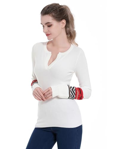 Image of AmelieBoutik Women Notch Neck Long Sleeve Fair Isle Cuff Sweater Top(White Large)