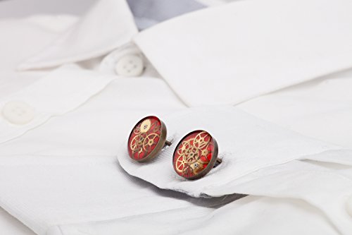 Round Antique Bronze 16mm Steampunk Cufflinks with Cogs and Gears in Red