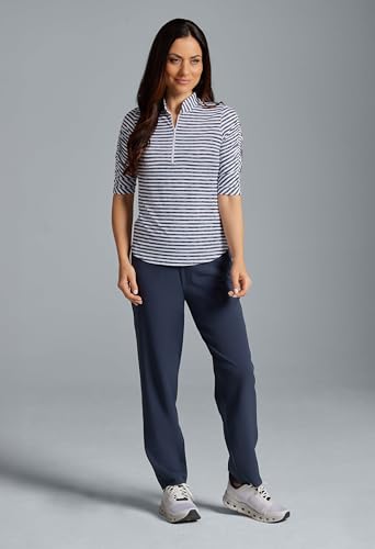 IBKUL Athleisure Wear Sun Protective UPF 50+ Icefil Cooling-Landon Stripe II Print Ruched Elbow Sleeve Top-411643