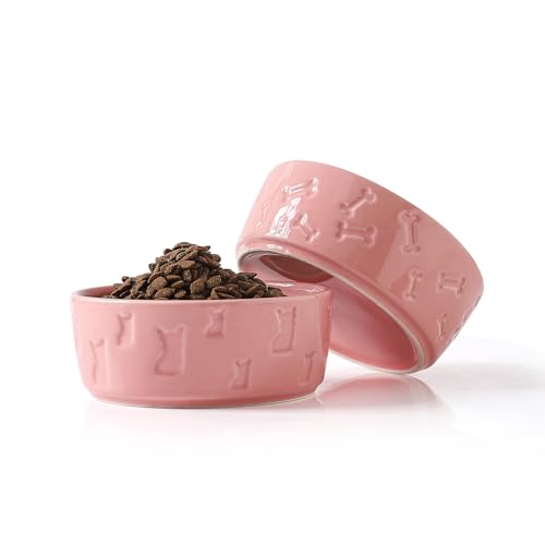 WUYIAZHI Set of 2 Pink Ceramic Dog Bowls for Food and Water 5 Inch Wide Cute Pet Dishes for Small Size Dogs/Puppy
