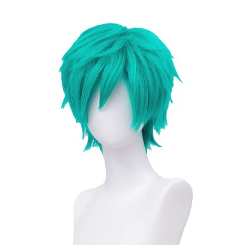 LABEAUTÉ Short Teal Green Anime Cosplay Wig Male Men Anime Layered Unisex Heat Resistant Hair Wig with Bangs for Party and Halloween for Gift + Free Cap