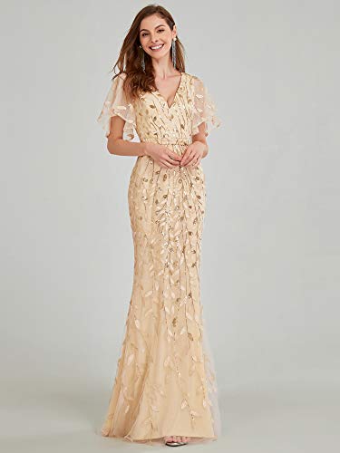 Ever-Pretty Evening Dress for Women Formal Long Short Sleeve Mermaid Bridesmaid Dress Gold US16