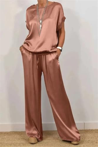 Women's Smooth Satin Two Piece Sets Outfits O-Neck Short Sleeve Top Wide Leg Pant Casual Loose Suits4