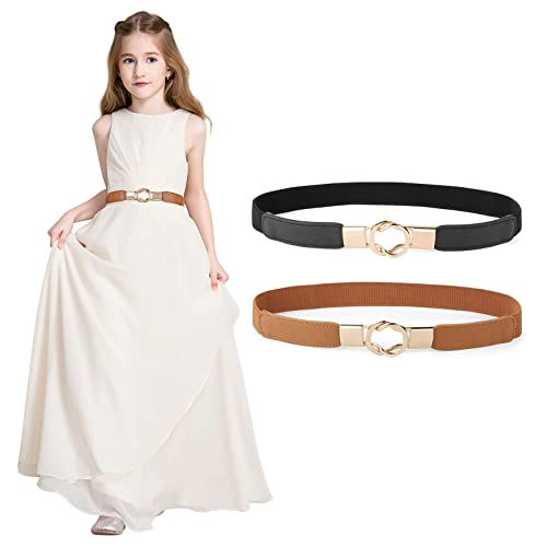 Jasgood 2 Pack Kids Skinny Belts For Dresses Vintage Elastic Girls Waist Belt With Easy Buckle Back To School Gift, Suit Waist Size: 19”-23”, A-Black+Brown #TOP8
