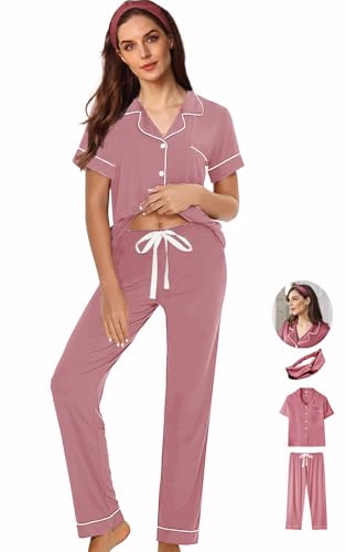 Image of WJing Yi Jia 3Pcs Soft Pajama Sets For Women XS-XXL Womens Pajamas Set Sleepwear Button Down Short Sleeve Long Pants Pj sets