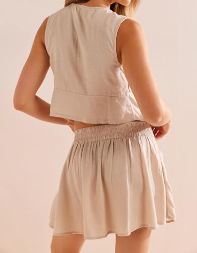 Image of Women Sexy Summer Two Piece Linen Mini Skirt Set Sleeveless Lace Up V Neck Crop Tank Top Pleated Mini Skirt
