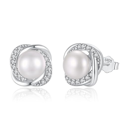 Pearl Earrings for Women Freshwater Cultured Pearl Stud Earrings 925 Sterling Silver Cubic Zirconia Stud Earrings for Mother Her