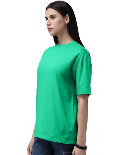 Image of LEOTUDE Women's cotton Oversized Fit Oversized Half Sleeve Tshirt, Round Neck Longline Drop Shoulder Solid T-Shirt