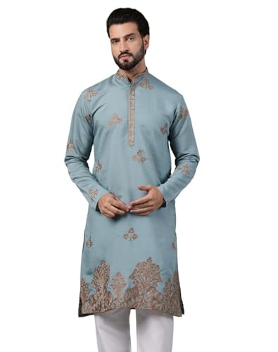 Image of SOJANYA (Since 1958 Men's Cotton Contrast Coffee Thread Embroidered Long Kurta