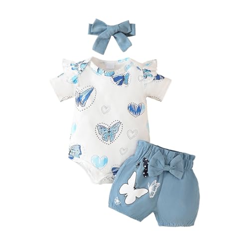 vaolkwsacz Conjunto de ropa para bebé y niña, manga corta, botón a presión, entrepierna con cuello redondo, corazón de amor, pantalones cortos, lazos, diadema, conjuntos de ropa, 0 18 Mon Label Set
