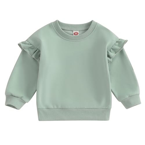 Amiblvowa Toddler Baby Girl Ruffle Sweatshirt Solid Color Crewneck Long Sleeve Pullover Tops Little Kids Fall Winter Clothes (Ruffled Green, 2-3 Years)