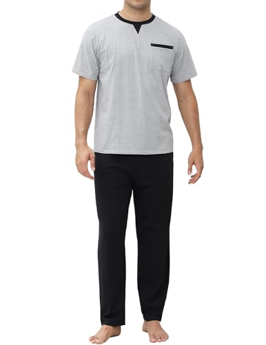 Mens Pajamas Set Cotton Short Sleeve and Pants 2 Piece PJ Set Soft Comfy Loungewear Men's Summer Nightwear Set