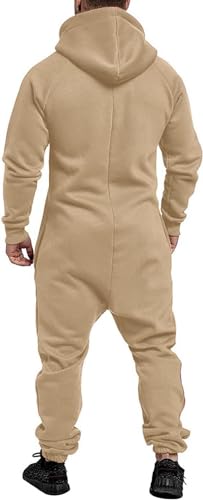 Men's Hooded Jumpsuit Zip Up One Piece Pajamas Playsuit Jogger Sweatsuit Overall Romper (Khaki,Small)3