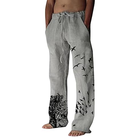 Men's Trousers Fashion Tree Bird Printed Casual Trousers Linen Trousers Straight Fabric Trousers Regular Fit with Drawstring Men Casual Beach Trousers Linen Trousers, gray, XXL Cover
