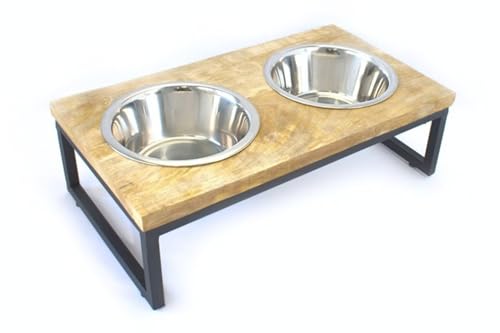 Foodbar aus Mangoholz - Futterstation mit Zwei Edelstahlnäpfen für Hunde und Katzen - Zwei Verschiedene Größen (Medium 39x22x12,3cm)