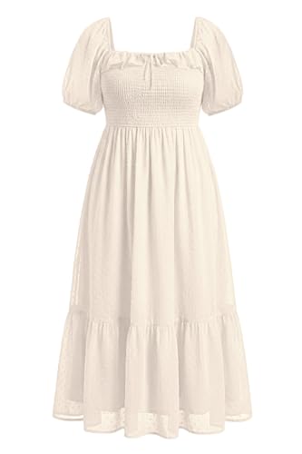 Image of Plus Size Summer Dresses - Swiss Dot Smocked Square Neck Puff Sleeve Boho Maternity Maxi Dress for Baby Shower Wedding Guest