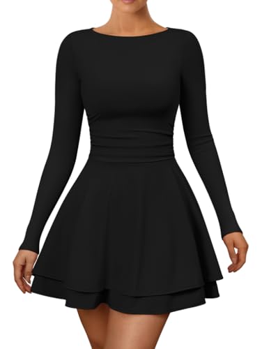 XXTAXN Women's Sexy Crew Neck Long Sleeeve Flowy Hem Cocktail Club Corset Mini Dress with Side Pocket