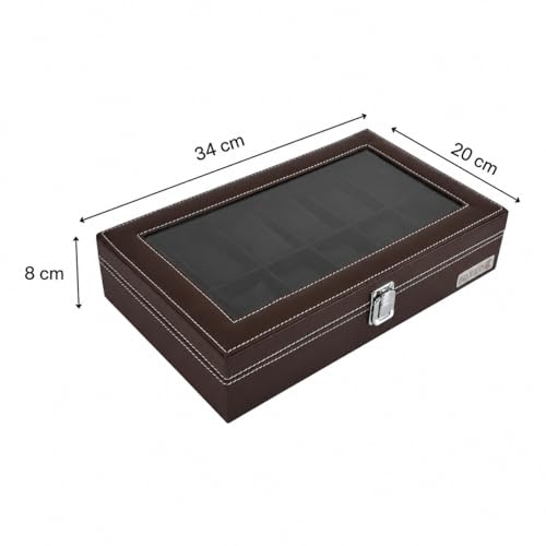 Image of BOXXO 12 Slot Watch Organizer Box for Men & Women - Premium PU Leather Watch Case, Soft Velvet Cushions & Glass Lid Display, Elegant Storage Box - 34x20x8 cm (Brown & Black (Transparent), 12 Slots)