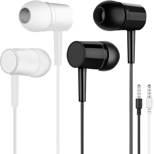 2-Pack Wired Earbuds with Mic, Running Headphones 3.5mm, Stereo Earphones for Crystal Clear Call & Music, Travel & Daily Use, Compatible with Android, Laptop, Tablet, Black and White Wired Headphones