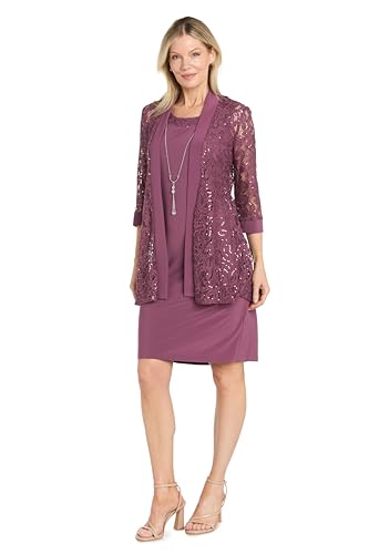 Image of R&M Richards Women's Embellished Sequin Lace Jacket and Shift Dress with Necklace for Mother of the Bride & Cocktail Party