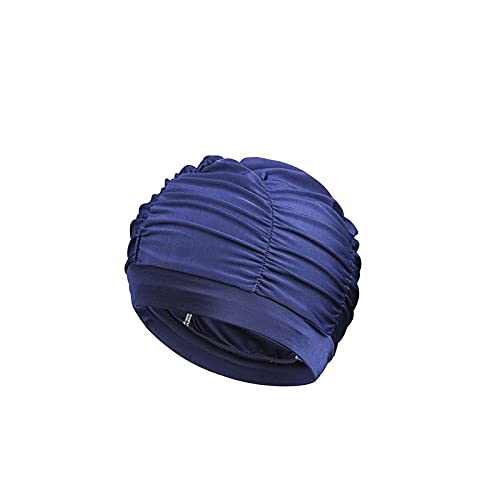 ETZRYSYB Gorro de natación para deportes acuáticos para adultos, hombres/mujeres, protege las orejas, gorro de natación de pelo largo, plisado elástico de nailon (azul oscuro)