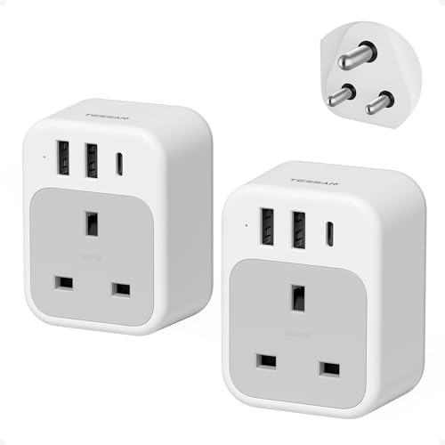 UK to India Plug Adapter TESSAN India Travel Adapter with USB C and 2 USB A 4 in 1 Type D Travel Adaptor for Indian Sri Lanka Maldives Nepal Pakistan Bangladesh Bhutan Yemen 2 Pack