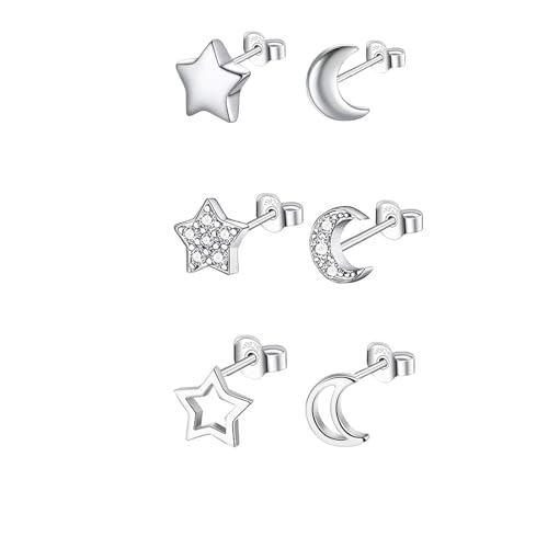 Hinvan 3 Pares Pendientes de Plata de Ley 925 Pendientes Estrella Luna Pendientes Plata Mujer Aretes Plata Zirconia Hipoalergénicos Pendientes de Mujer Pequeños Pendientes para Mujer y Niña