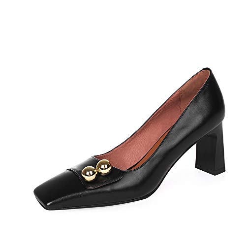 TinaCus Women's Genuine Leather Square Toe Handmade Mid Brick Heels Slip On Fashion Pumps Shoes