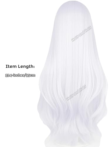Image of Frieren Cosplay Costume Wig 37.4'' Long Curly Silver White Anime Wigs | Light Gray Wave Wig with Bangs Synthetic Hair for Women Halloween Party Daily